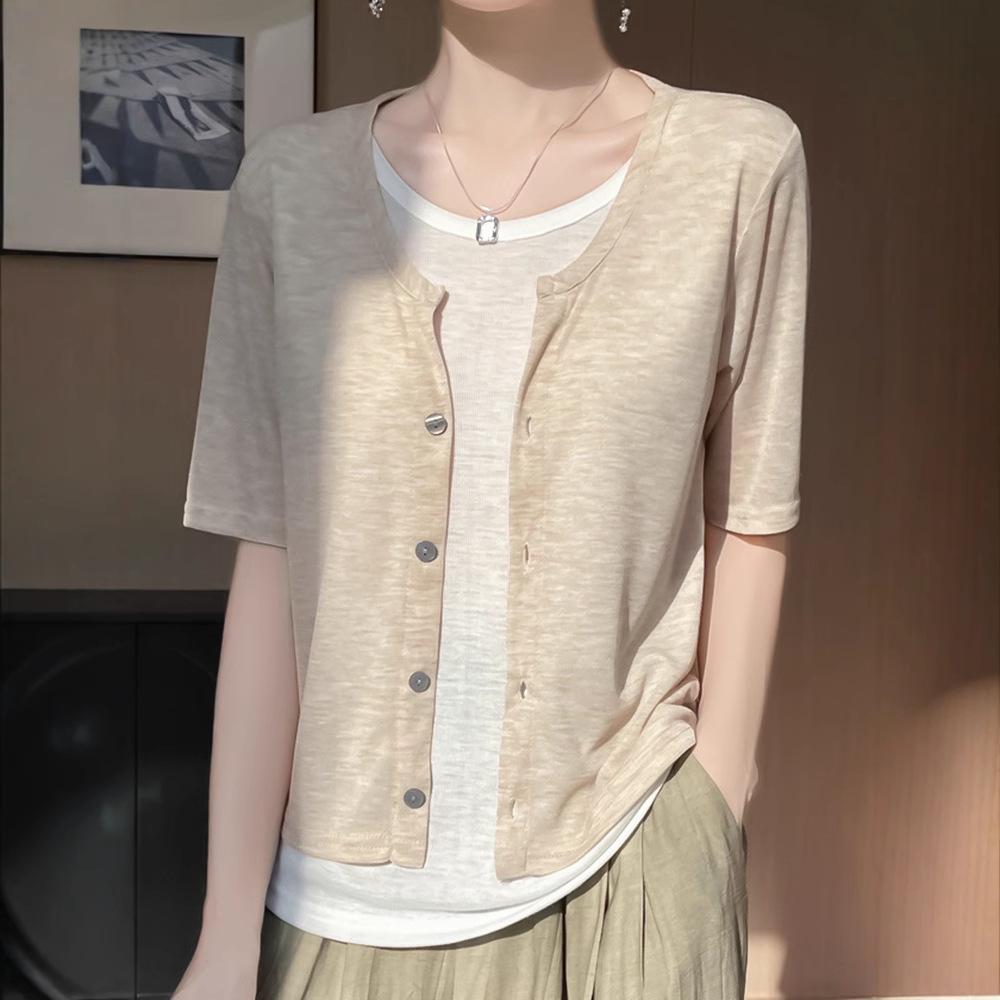 

Кардиган трикотажный с коротким рукавом и круглым вырезом в корейском стиле - Летняя рубашка из ледяного шелка, облегающая фигуру, комплект из двух предметов XXL for 135-150 lbs