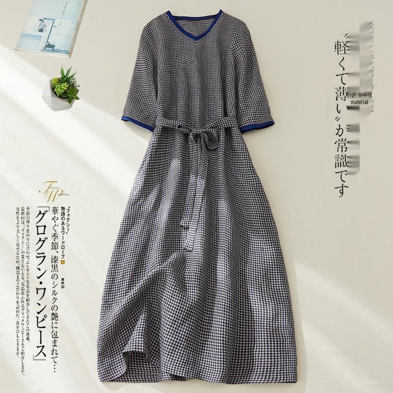 

Летнее платье из хлопка и льна в клетку с поясом - Ретро, Облегающее, Большого размера, Миди XL