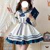 Japanese Style Sweet Cute Sailor Collar Bubble Short Sleeve High Waist Bow A-line Striped Kawaii Lolita Mini Dress Women Summer