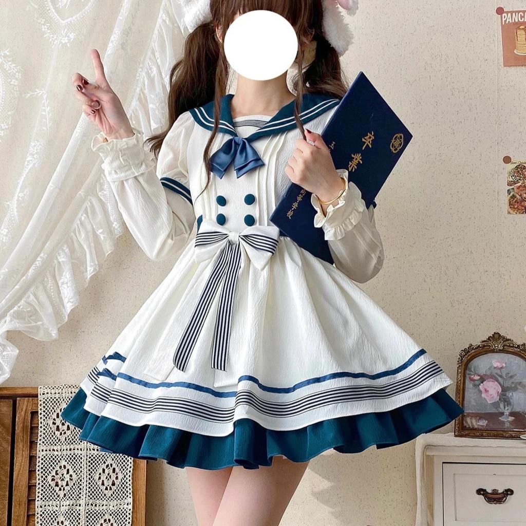 Japanese Style Sweet Cute Sailor Collar Bubble Short Sleeve High Waist Bow A-line Striped Kawaii Lolita Mini Dress Women Summer