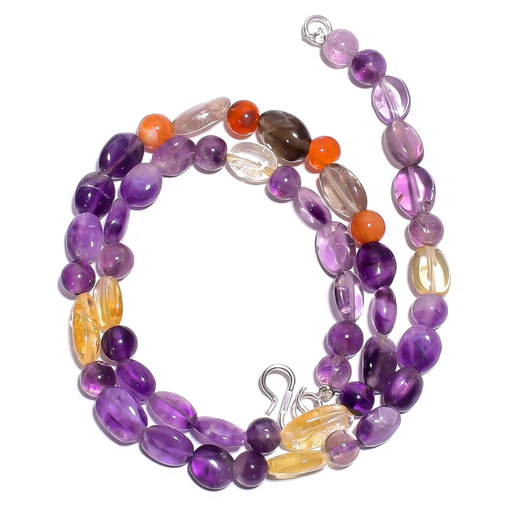 Natural Amethyst Citrine Carnelian Gemstone Smooth Beads Necklace 17" UB-4684 UB-4684