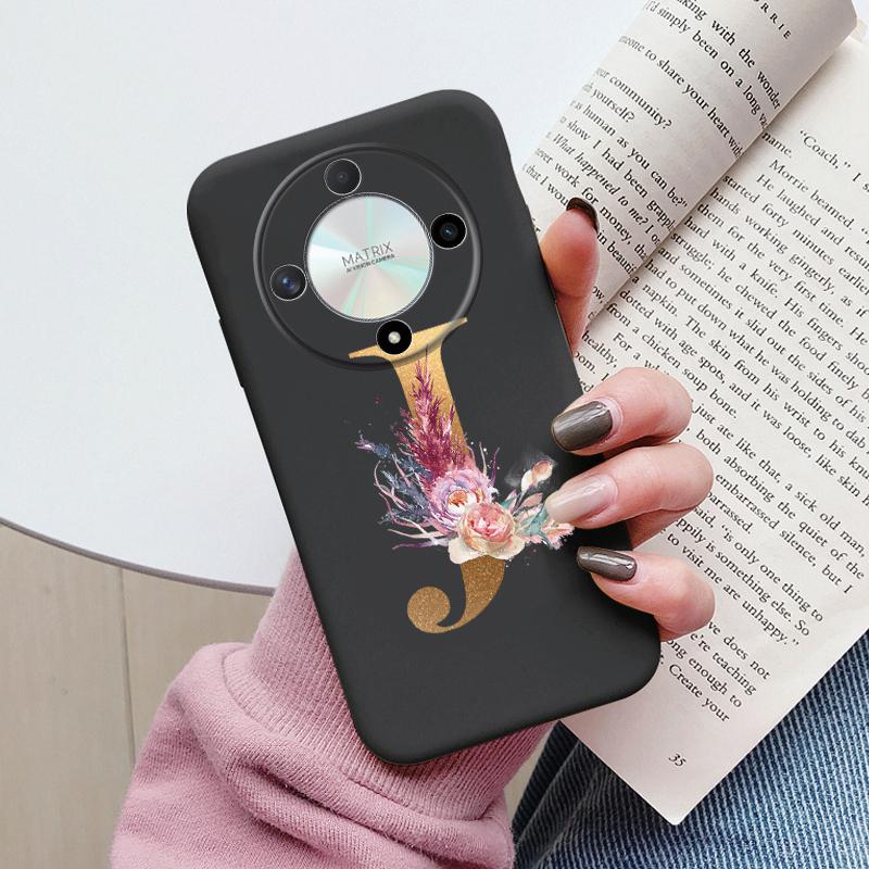 Buchstaben-Handyhülle für Honor X9b X9a Magic5 Lite Magic6 Lite 5G Hülle Retro-Blumen Rosa Schwarz Weiches TPU Initialen Silikon Fundas