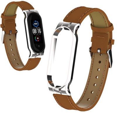 Leather Strap for Xiaomi Mi Band 8 - Brown-Silver