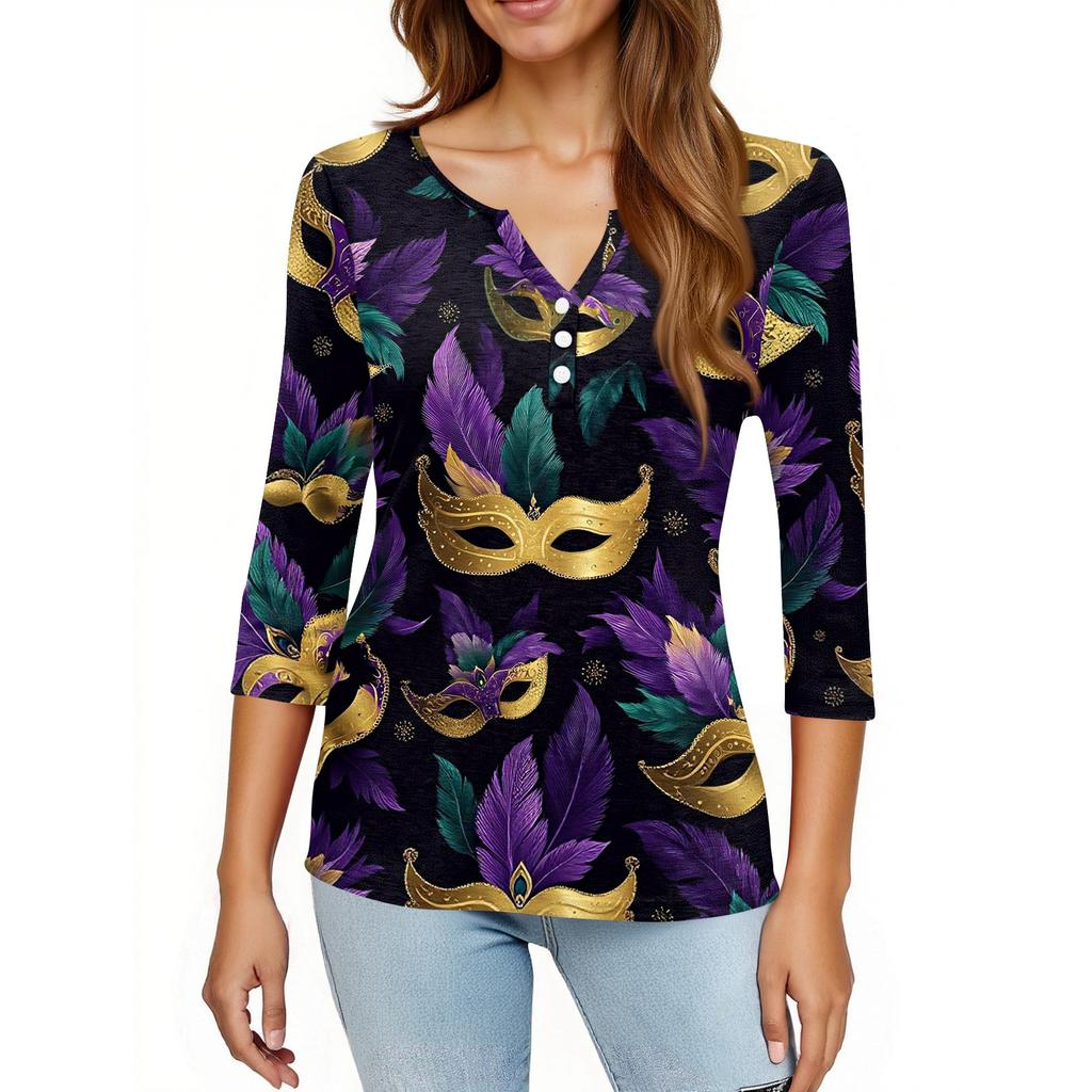 Women's T Shirt Print Button 3/4 Sleeve Daily Weekend Fashion Basic V- Neck Regular Top