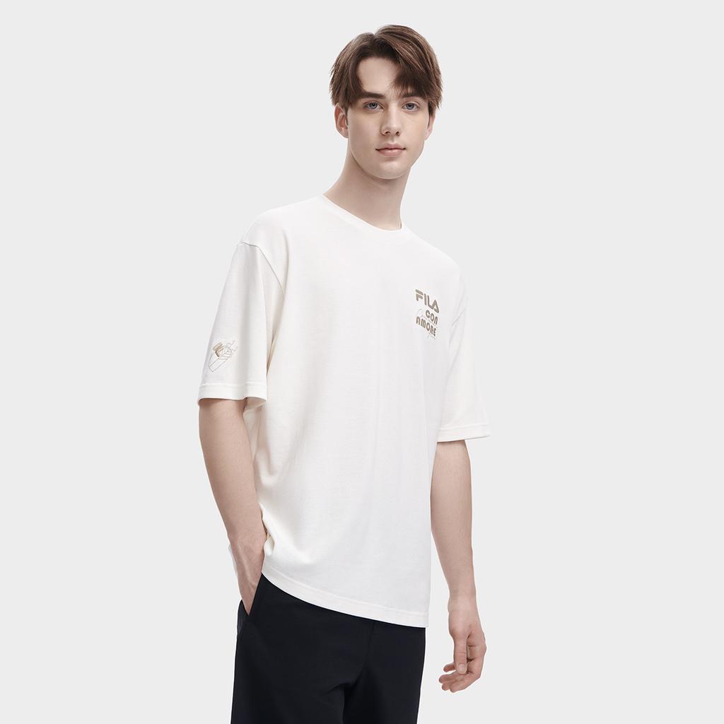FILA Fashion Casual Loose Breathable Embroidered Knit Short Sleeve T-Shirt SS23 Unisex Tops Off-White F11U329103F-IV