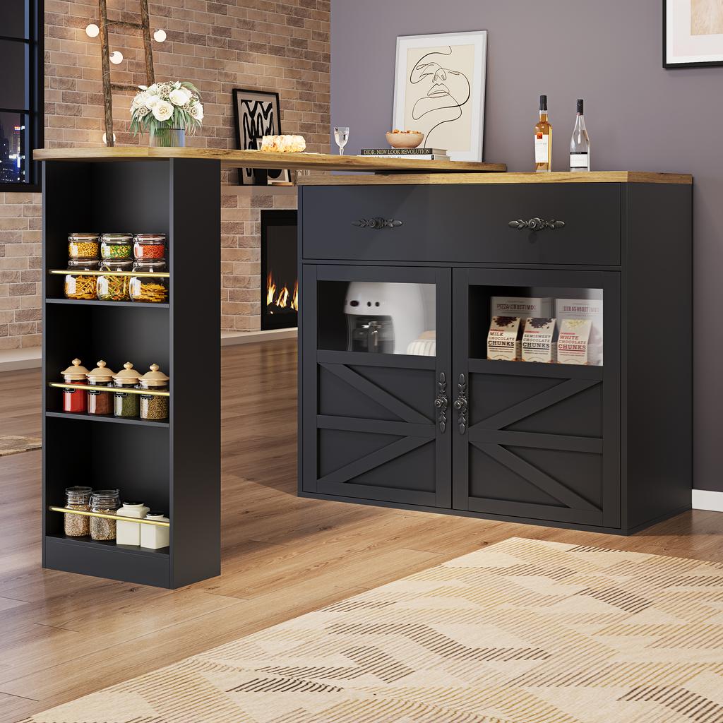 Extendable bar table with storage (138-204×39×104cm), 360° rotatable dining bar, kitchen island bistro table, sideboard cabinet with shelves, black