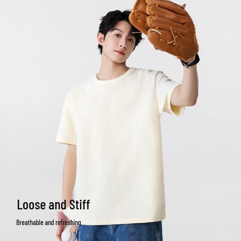 MINISO Men's 220G Waffle Knit Loose Fit Round Neck Short Sleeve T-Shirt