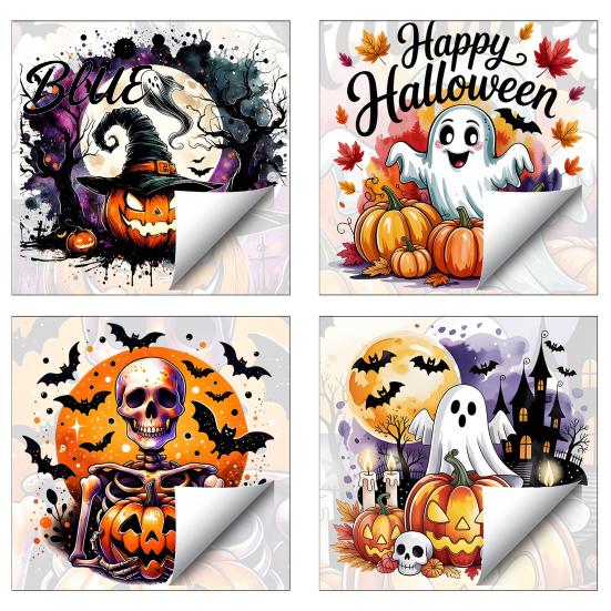 Waterproof Holiday Glass Stickers Halloween Static Window Clings Watercolor Pumpkin Ghost Skull Decals No Spooky Decals for Party Glue Living
