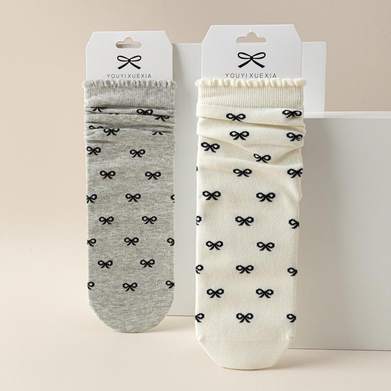5/10 Pairs Casual Spring Autumn Bone Free Socks for Women with Lace and Bow Mid Calf Socks JK Lolita Sweet and Versatile Cotton Pile Socks