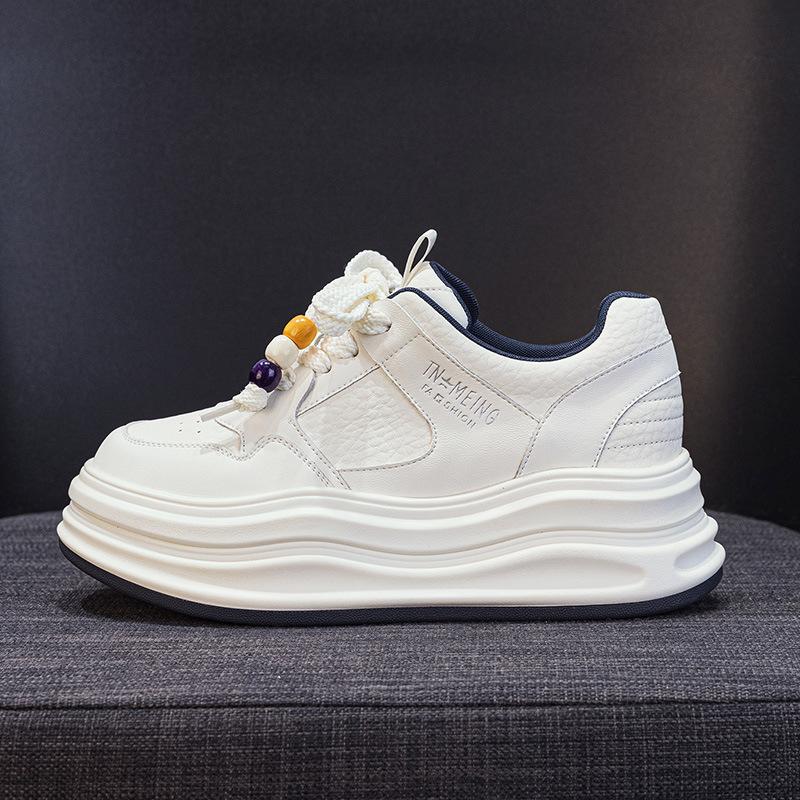 Platform White Shoes Women's Autumn New Round Head Lace-up Versatile Height-increasing Sports and Leisure Shoes Small Board Shoes