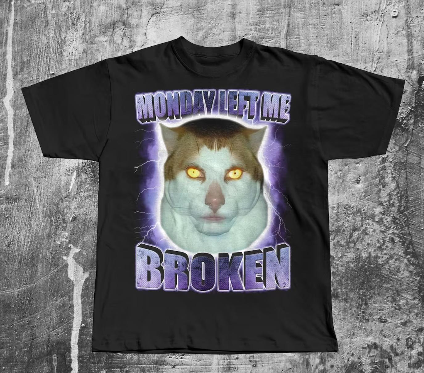

25 New Men Monday Left Me Broken Funny Cat Meme T-shirt Brainrot Tee ShirtT-shirts Men Clothing Oversize T-Shirt M