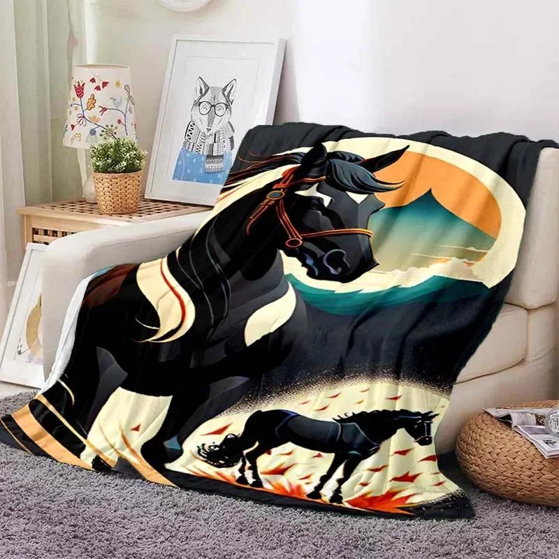 3D Cartoon Horse Print Flannel Throw Blanket – Soft Warm Picnic Blanket, Retro Home & Travel Birthday Gift, Cozy Comfort