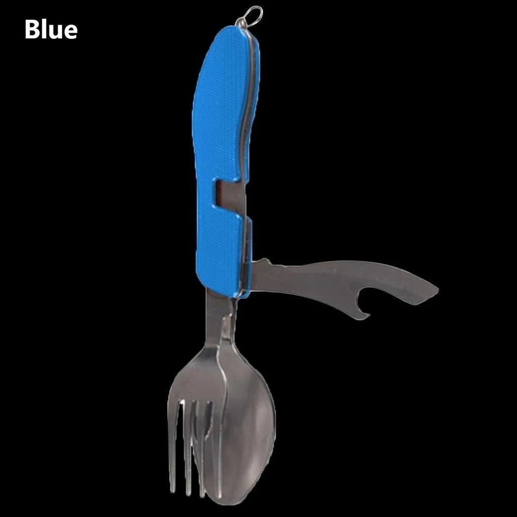 Edelstahl 4 in 1 Tragbares Outdoor-Taschenklappmesser Gabel Löffel Set Multifunktionales Besteck Löffel Gabel Messer Öffner