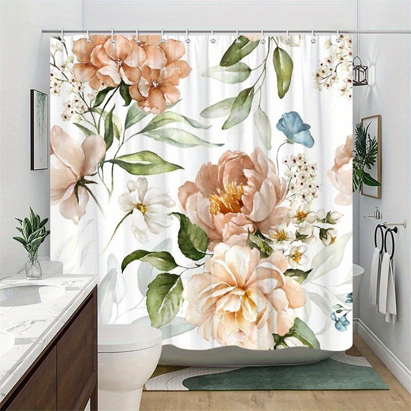 1Pc Peony And Green Leaves Pattern Shower Curtain, Machine Washable Polyester With Hooks, Suitable For Bathroom Decoration