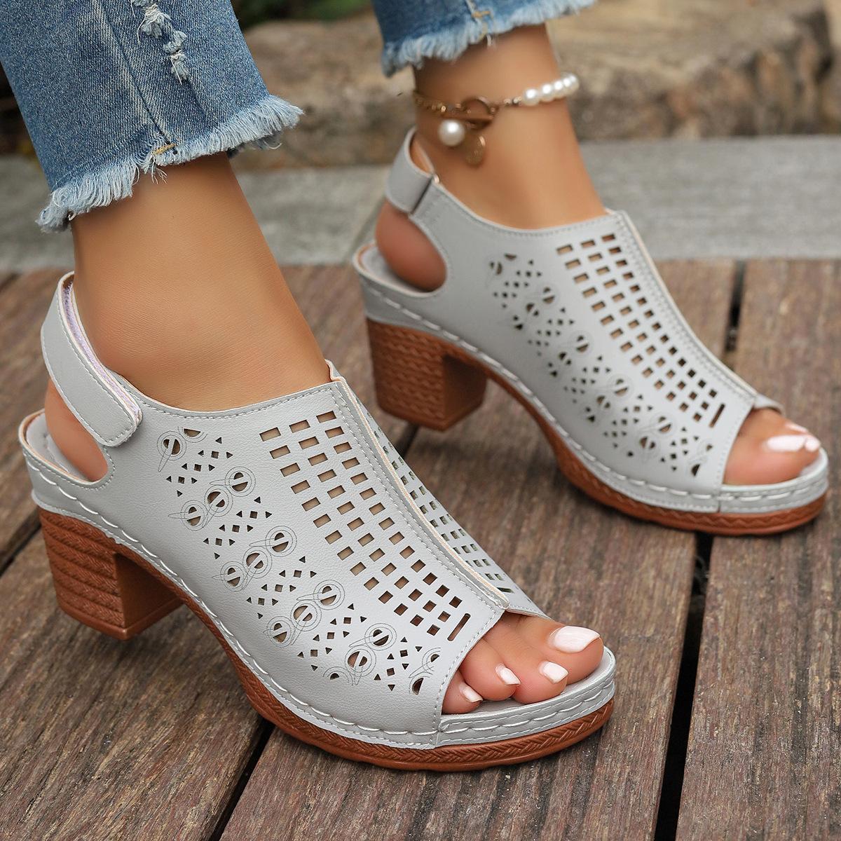 

Fashion 2025 New fashion and casual height-raised open-toe hollowed-out fish-mouth sandals with thick heels and Velcro 36 сірий колір