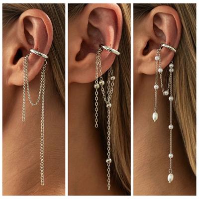 Long Tassel Chain Clip Earrings Temperament Imitation Pearl Ear Cuff Ear Clip  Jewelry Accessories