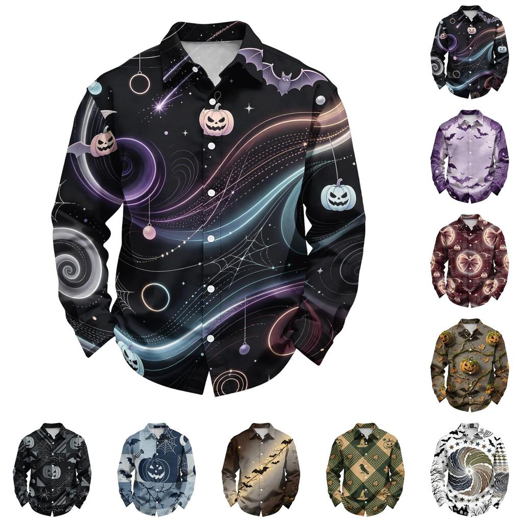 Men's Loose Fit Long Sleeve Shirt with Spread Collar Halloween Themed Casual Vintage Style Breathable Fabric Suitable for Outdoor Workwear