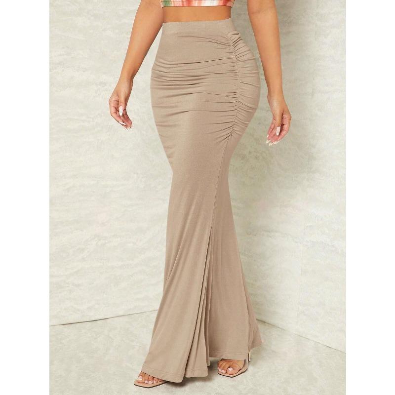 Women s Skirt Summer New Solid Color High Waist Slim Fit Elastic Pleated Fishtail Skirts Women Fashion Elegant Beach Vacation Female Long Skirts S