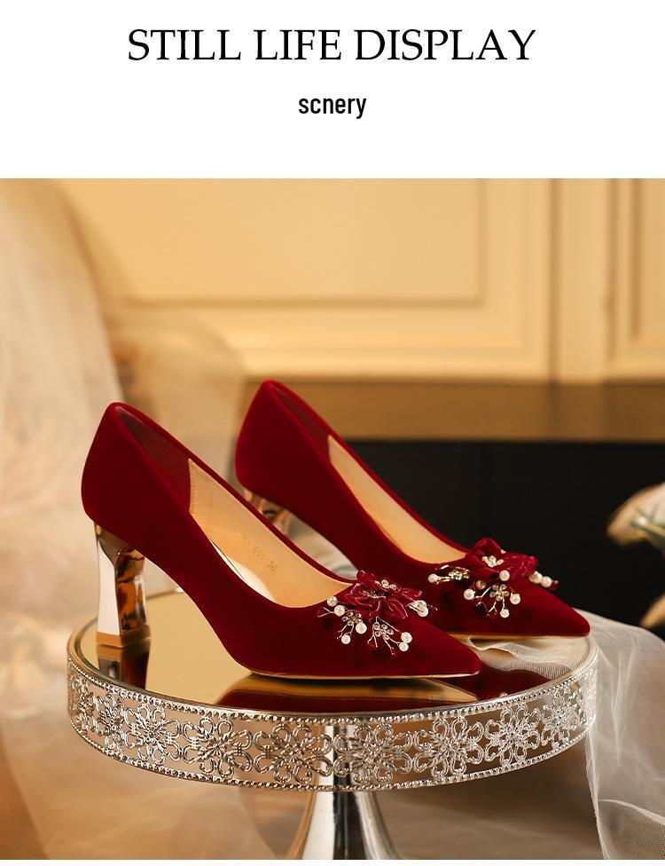 Red Xiuhe Chunky Heel Pointed Toe Wedding Shoes for Brides, 2025 New Style, Plus Sizes 32-43