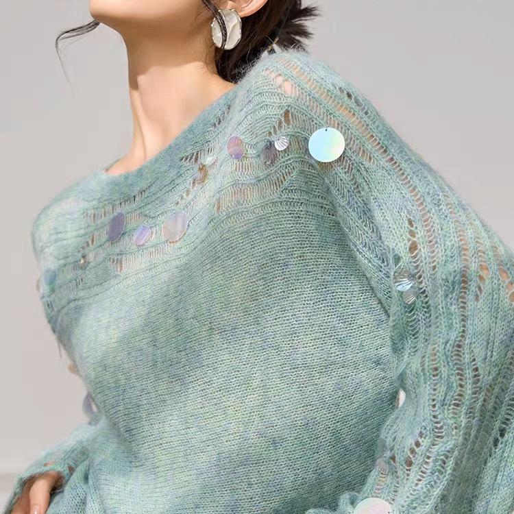 Atmosphere Wear Mint Green Top Women's Autumn Shell Sequin Design Hollow Knitted Sweater