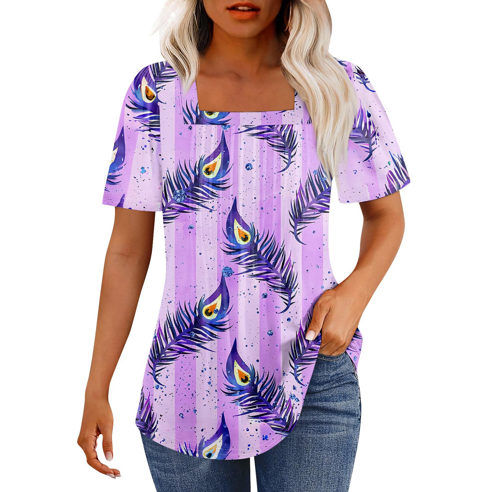 

Футболки для женщин, плиссированные, с квадратным вырезом, нарядные, повседневные, блузки с принтом, с коротким рукавом, летние топы свободного кроя S