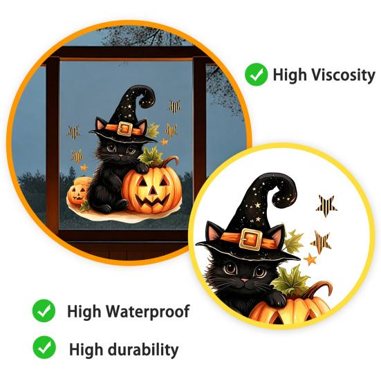 Halloween Static Window Cling, Cute Black Cat & Witch Hat Pumpkin Decal, Glue-Free Reusable Glass Sticker, Spooky Holiday Window Decor for Home,