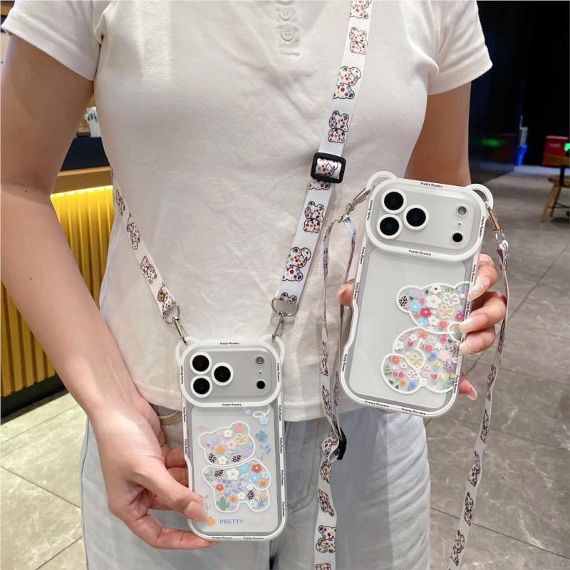 Korean Cute Flower Bear Ears Crossbody Lanyard Case For iPhone 17 16 15 14 13 12 11 Pro Max XS Max 7 8 Plus Cover Women Girl's