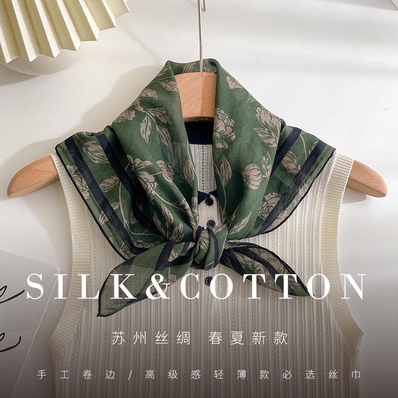 New silk pure cotton blended 71 square scarves, spring and autumn versatile decorative thin high-end light luxury silk cotton silk scarves