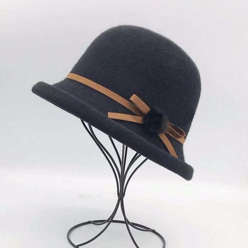 Woolen Bucket Hat Women's Autumn and Winter Bow Korean Version Versatile Japanese Dome Basin Hat British Retro Top Hat Tide