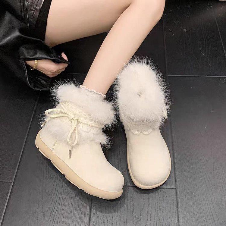 Round head fluffy warm snow boots winter new design flat bottom velvet cotton shoes 35