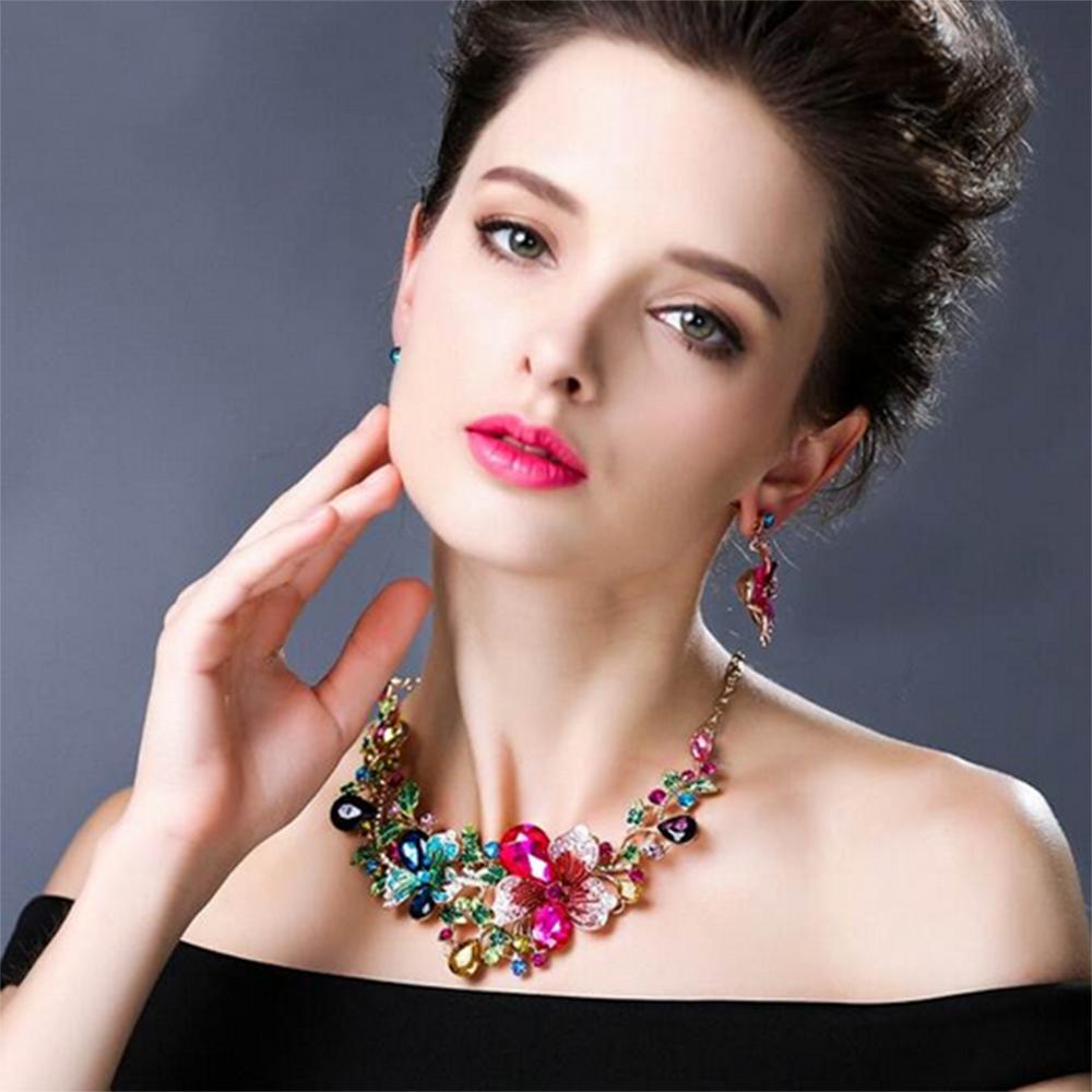 Bauhinia Flower Crystal Jewelry Set Multicolor Earrings Necklace Wedding Women Accessory
