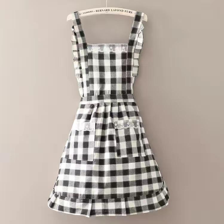 New Cotton Princess Aprons Household Cleaning Apron For Women Girs Lace Plaid 2-Layer Bib