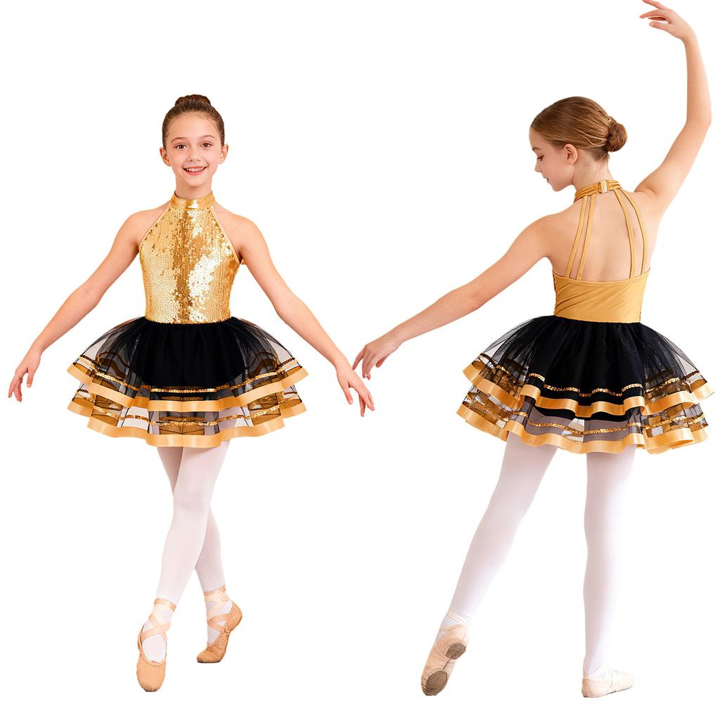 Girls Kids Sparkling Sequins Ballet Tutu Dress Modern Jazz Dance Outfit Stage Performance Costume Dancewear