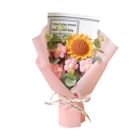 Crochet Flower Bouquet Handmade Knitted Positive Sunflower Artificial Yarn Flower Bouquet Gift for Mother's Day Valentine's Day Anniversary