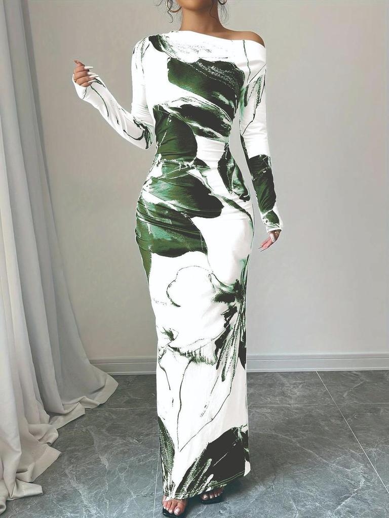 Nuovo Abito Lungo Stampato Autunnale Elegante Aderente Manica Lunga Donna Pronto