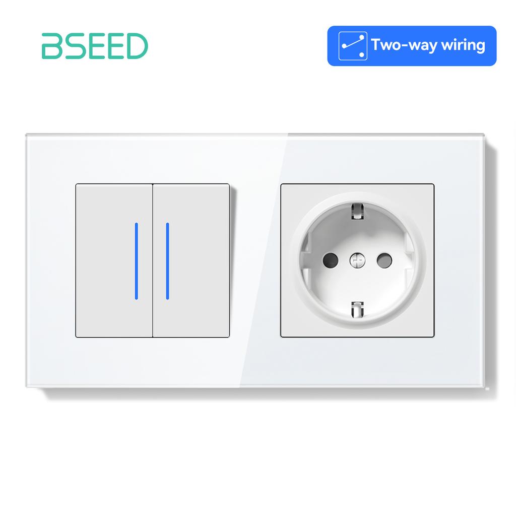 BSEED 1/2Gang Mechanical Light Switches 2way Pass Through Switch With EU Socket USB Type-c LED Indicator Glass Frames E Series
