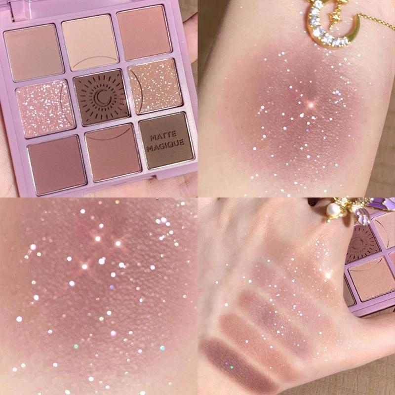 Douyin-Inspired 9-Color Eyeshadow Palette: Matte & Shimmer Collection In Summer Milk Tea, Purple, Peach & Pink Shades