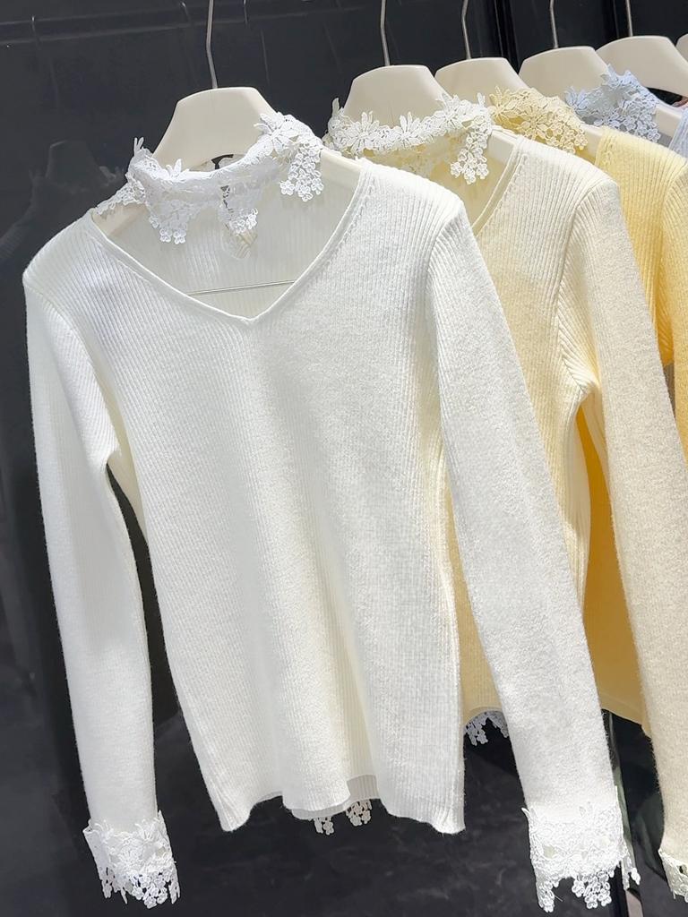French collar V-neck lace knit sweater, autumn/winter new long-sleeve sweater, slim fit, base layer