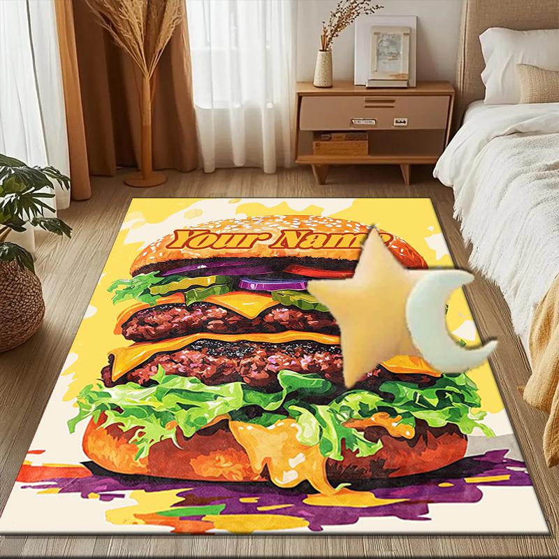 1PC Custom Name "Your Name Burger Artwork" Theme Floor Mat Ideal for Living Room, Game Rooms, Office, Bedroom, Floor Mat Playful Design