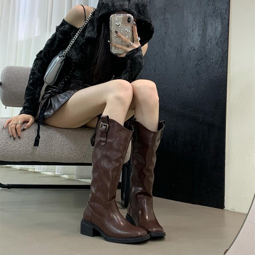 2025 autumn and winter new cow belt buckle V-mouth thick-soled knight boots velvet but knee-high boots women