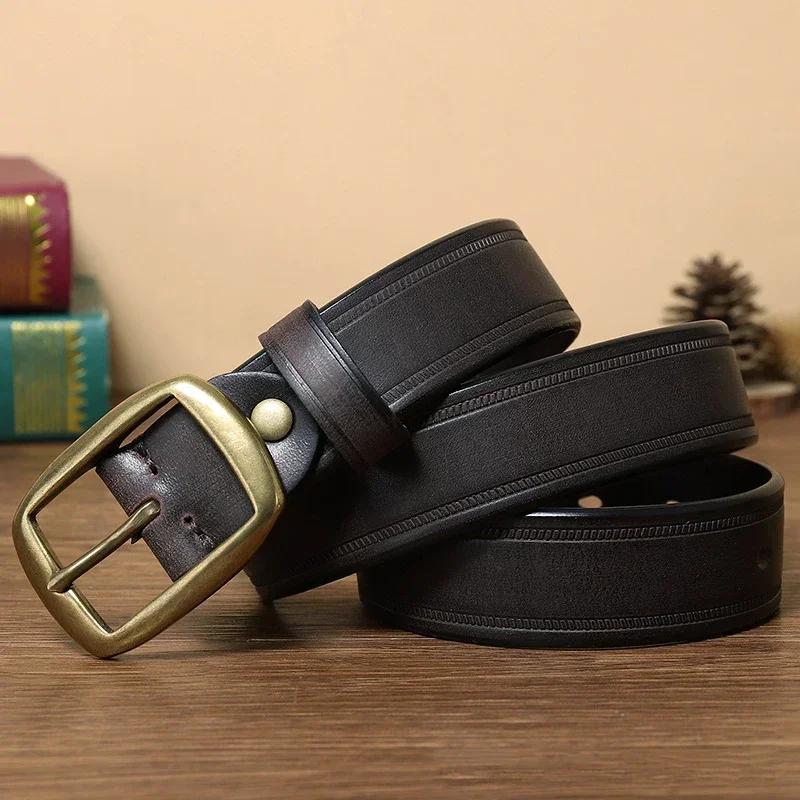 3.3 CM Pure Cowhide Genuine Leather for Men's Women High Quality Jeans Brass Buckle Belts Cowboy Waistband Male Fashion Designer