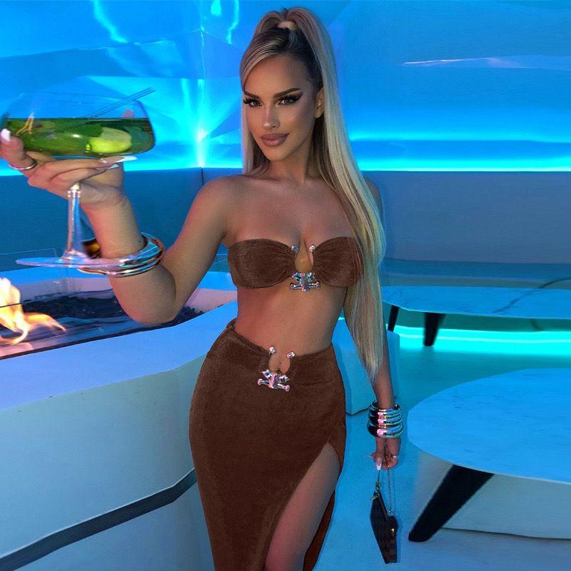 

Niche Style Sexy Skirt New New Arrival Women s Clothing Tube Top Stylish Metal Ornament Two-piece Set Dark brown L