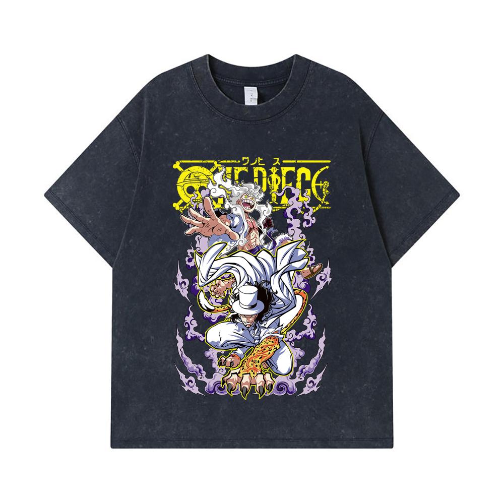 275 GSM Washed T-shirts 100% Cotton One Piece V64 Luffy Lucci Print Unisex Heavy Cotton T Shirt