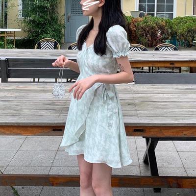 Sweet V-Neck Puff Sleeve Dresses Women's Broken Flowers Summer New Fashion Spliced Drawstring Elegant A-Line