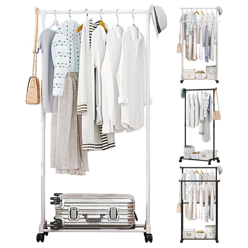 Double-Rod Clothes Rack Clothes Rack With Hooks Hanging Clothe Organizer For Bedroom Movable Bedroom Clothing Hanger With Wheels