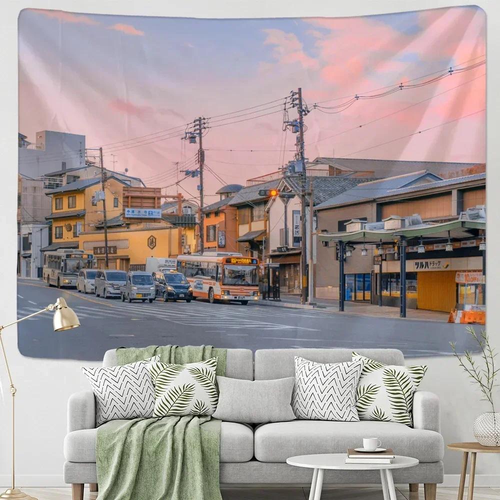 Kyoto Street Scene Tapestry  Sunset Over Traditional Buildings  Unique Wall Art for Home Decor Bedroom  Japan Lover Gift