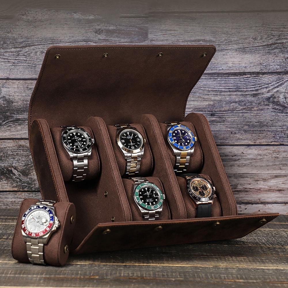 Vintage Genuine Leather Watch Roll Box Case Organizer Display Storage Box Genuine Leather Circular Hexagon Watch Display Case