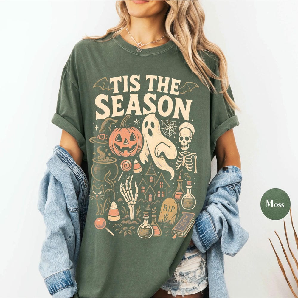 Women Retro Tis The Season Skeleton Pumpkin Ghost Halloween TShirt Vintage Halloween Comfort Y2K Top Daily Trendy Streetwear