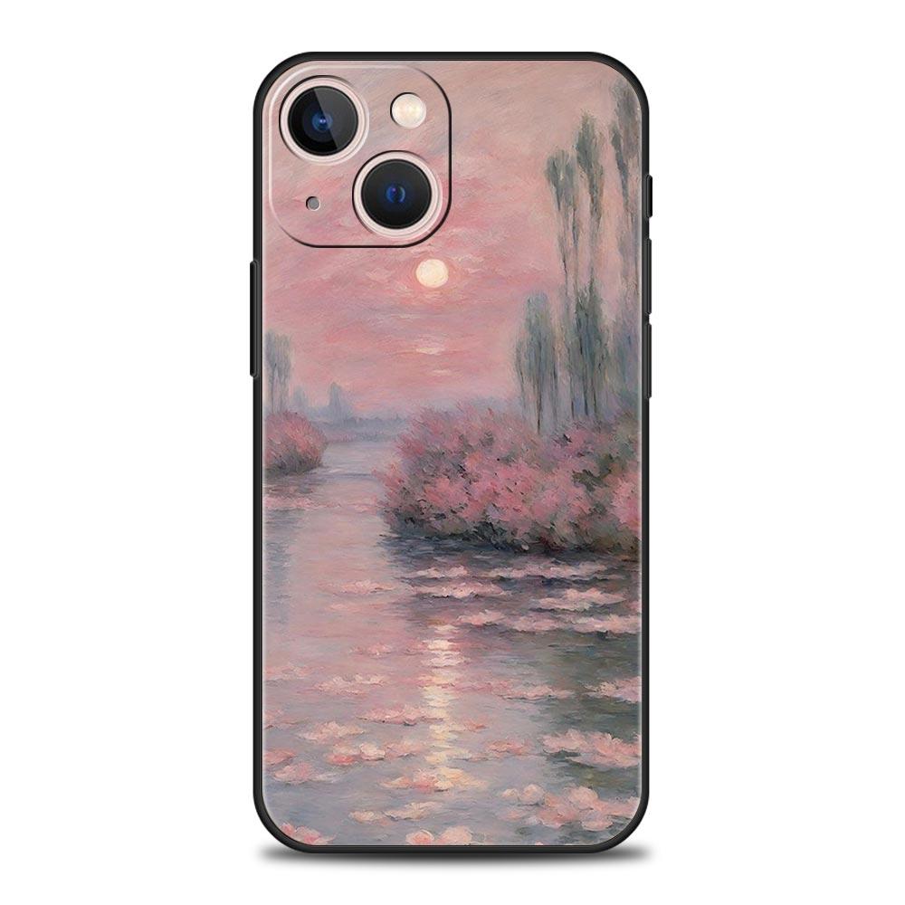 Claude Monet Jardin Peinture Art Étui de Téléphone Pour iPhone 17 16 15 Pro Max 11 12 13 14 7 8 Plus SE 2020 X XR XS Coque Souple Noir