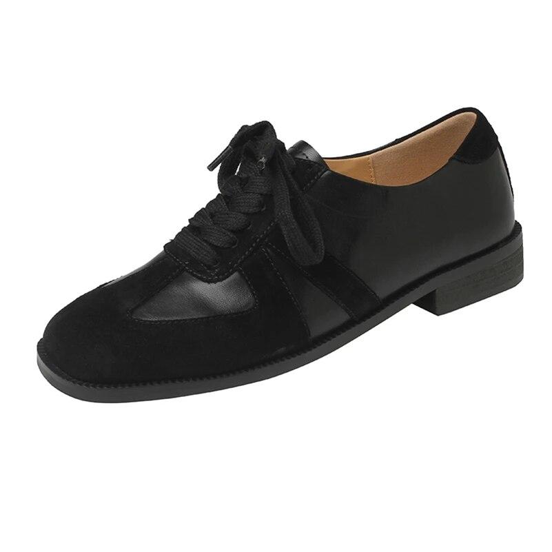 

Meotina Жіноче повсякденне взуття з натуральної шкіри з плоским квадратним носком і шнурівкою, дитяче замшеве лаконічний жіноче модне повсякденне взуття весна-осінь абрикосовий чорний 40 39 чорний